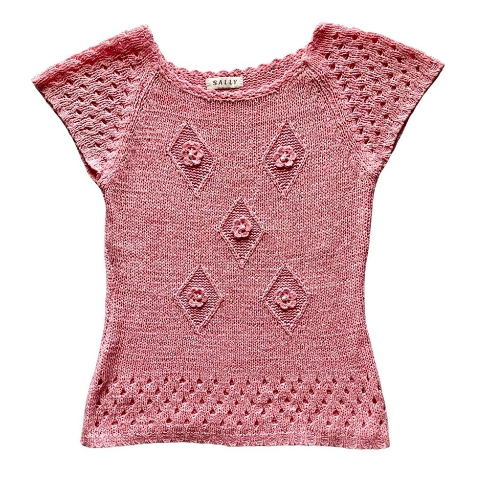 Pink Hand Knit Cap Sleeve Crew Neck Stretch Top SzS - Picture 7 of 10